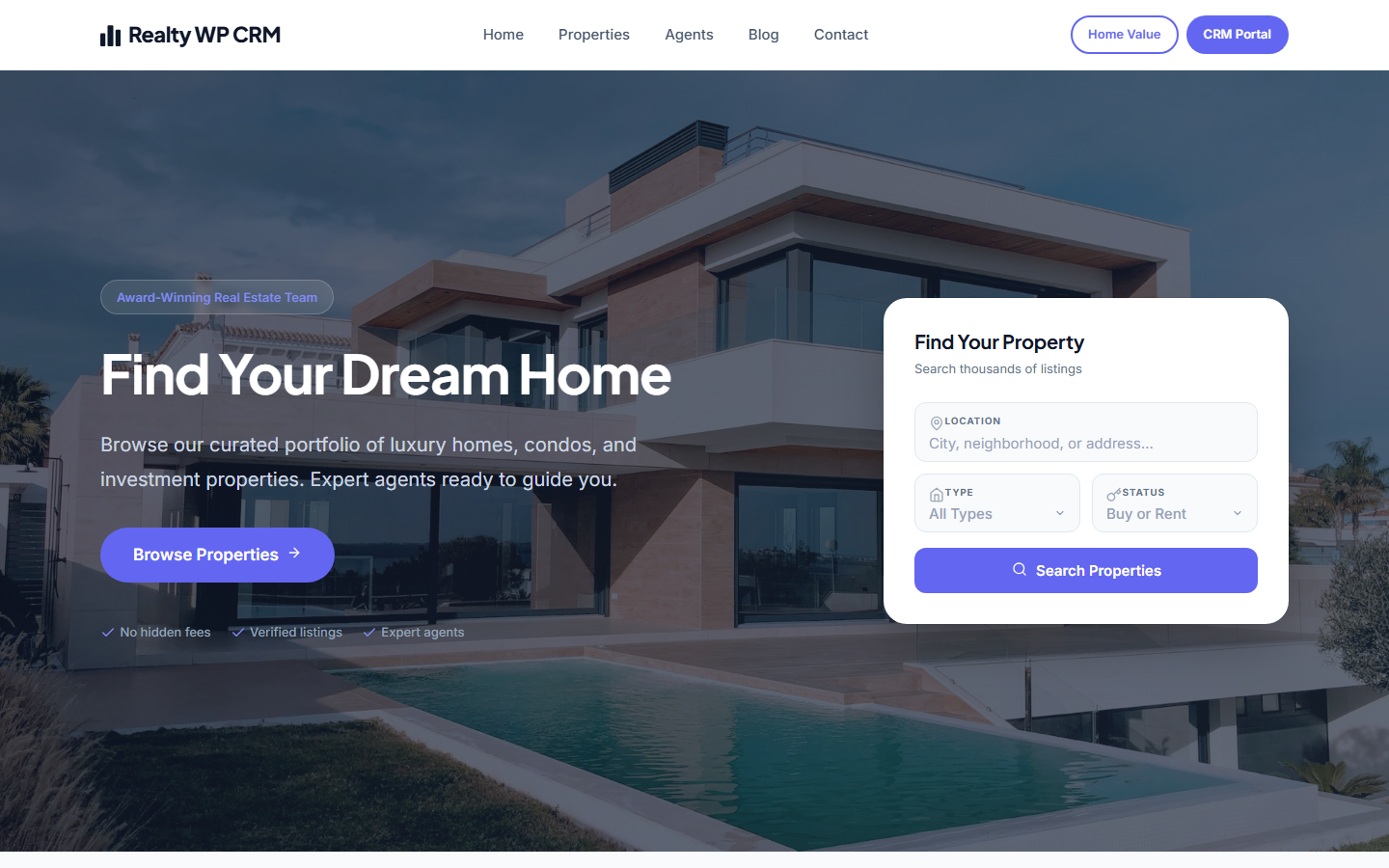 Realty WP-CRM companion theme — property listing page preview