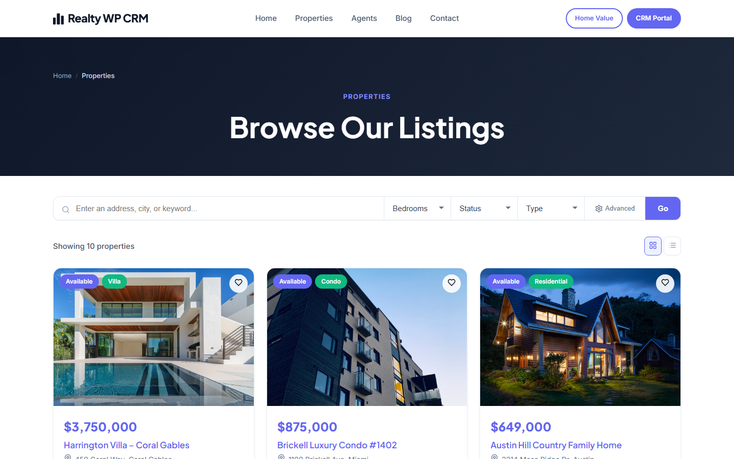 Companion theme property listings grid with real property photos