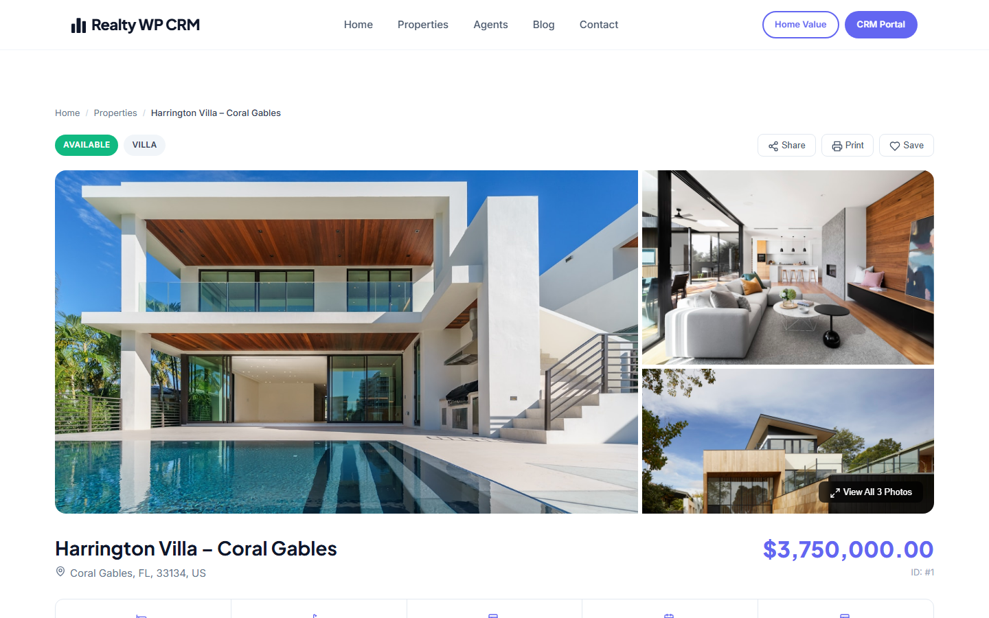 Companion theme property detail page with photo gallery and agent card
