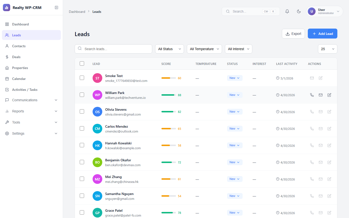 Lead management list with smart scoring and filters